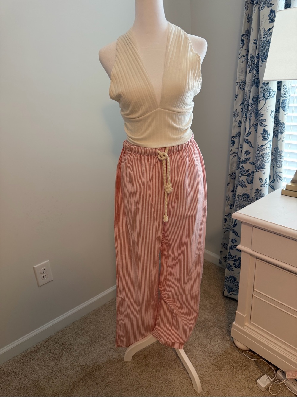 SHEIN Pink White Striped Wide-Leg Drawstring Pants